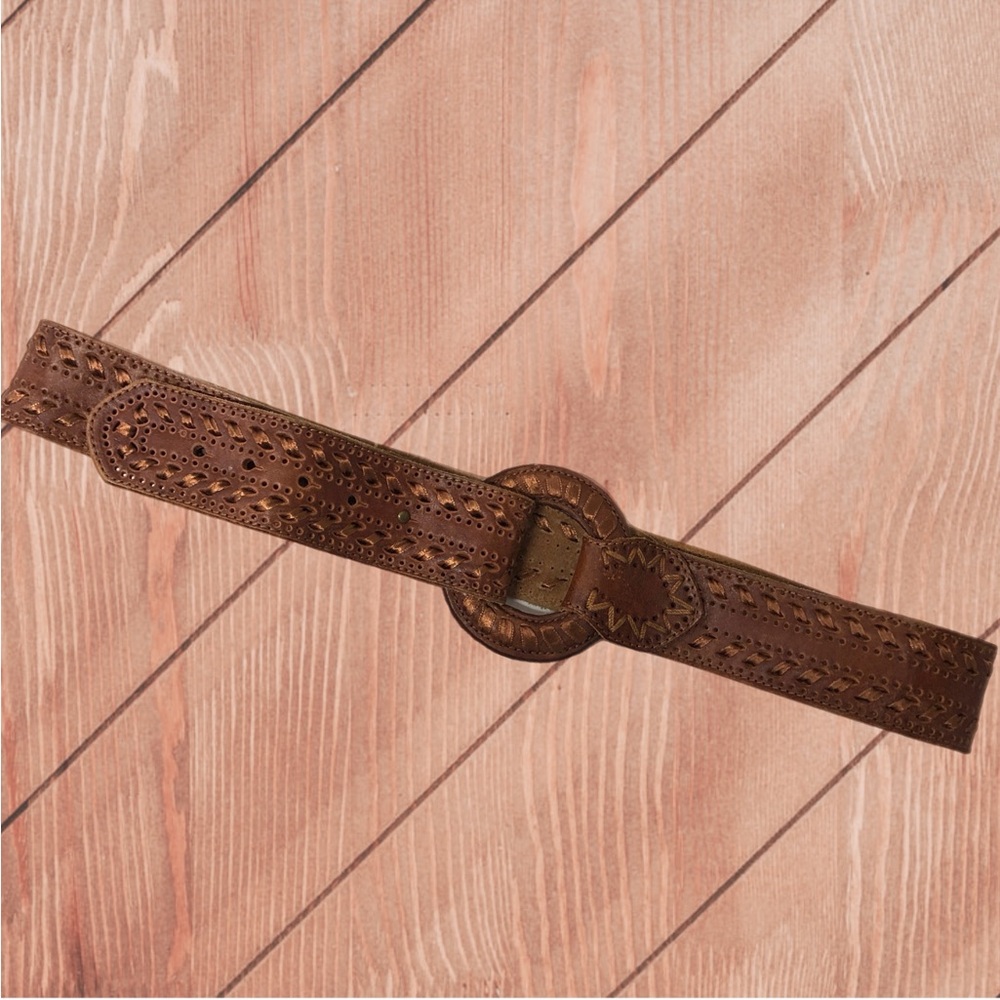 Leather Belt + Buckle Matching Ribbon Accent Stitching Boho Western Cowgirl